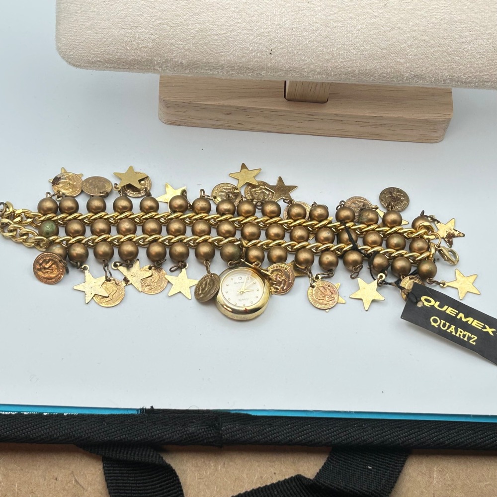 Vintage Enmex Quartz Charm Bracelet Watch – Gold Tone Stars & Coins Boho - Picture 9 of 13